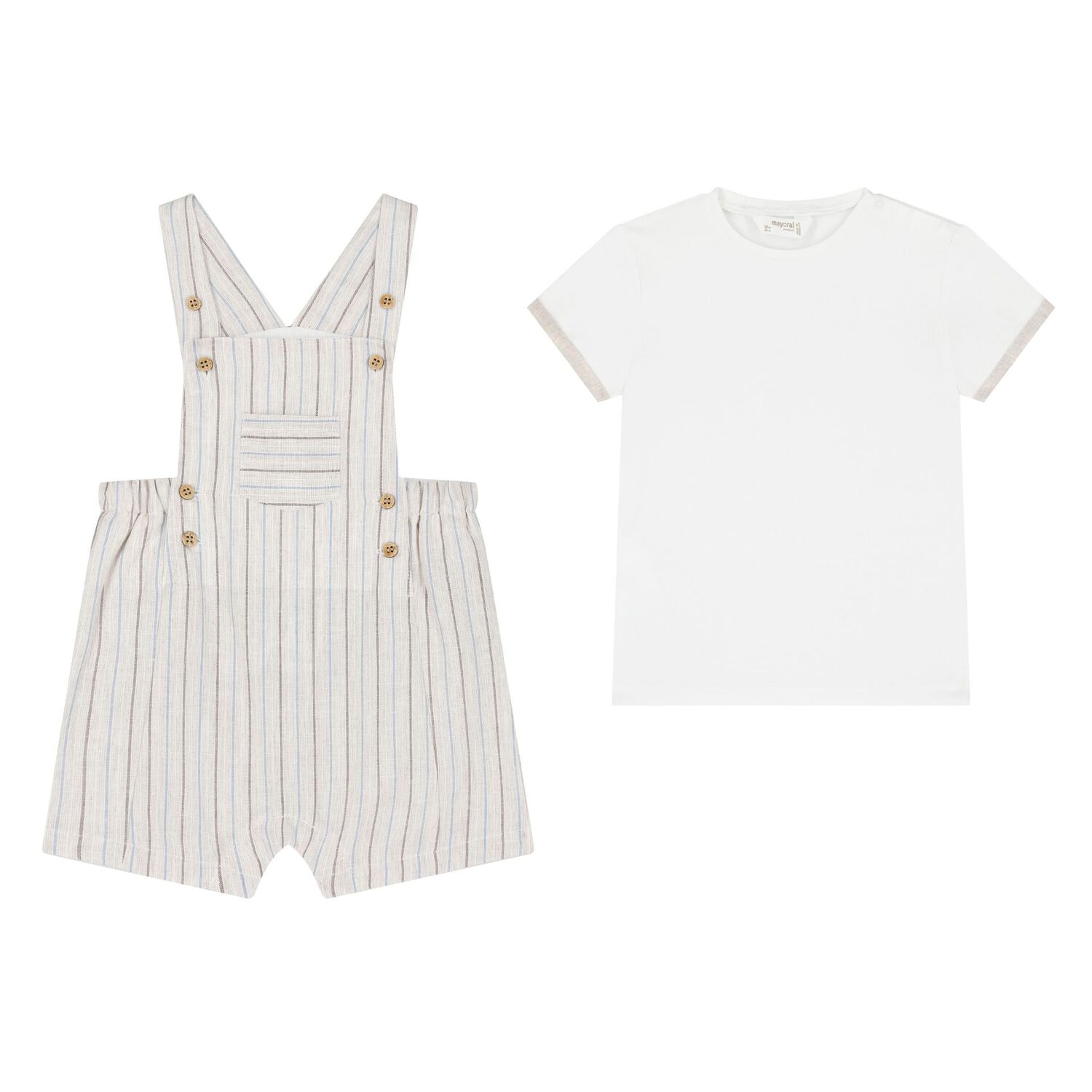 Baby Boys Beige & White Dungaree Set, 1, hi-res