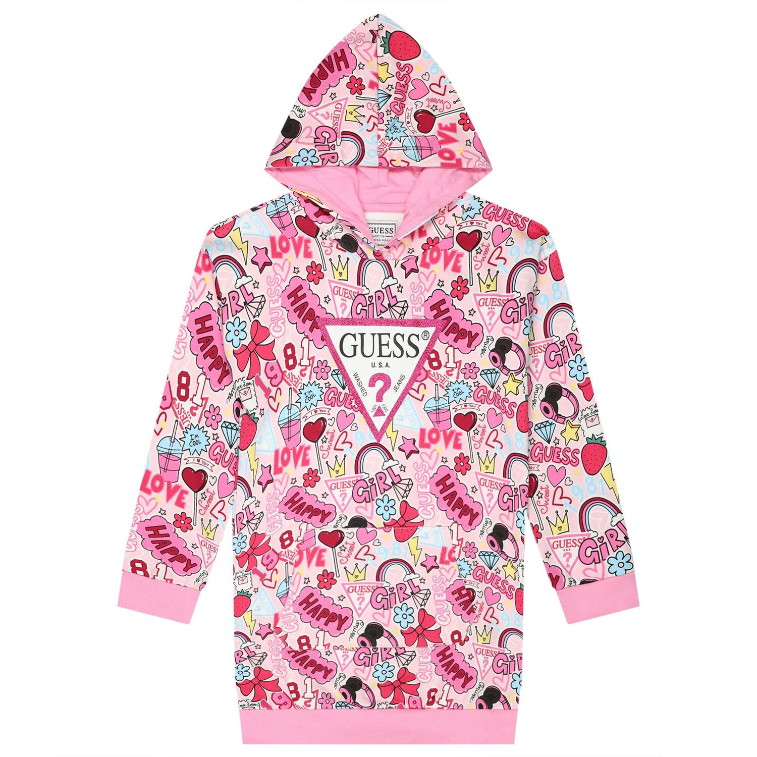 Girls Pink Logo Hooded Dress, 1, hi-res