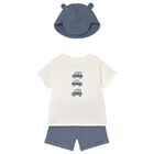 Younger Boys White & Blue Cotton Car Shorts Set, 2, hi-res