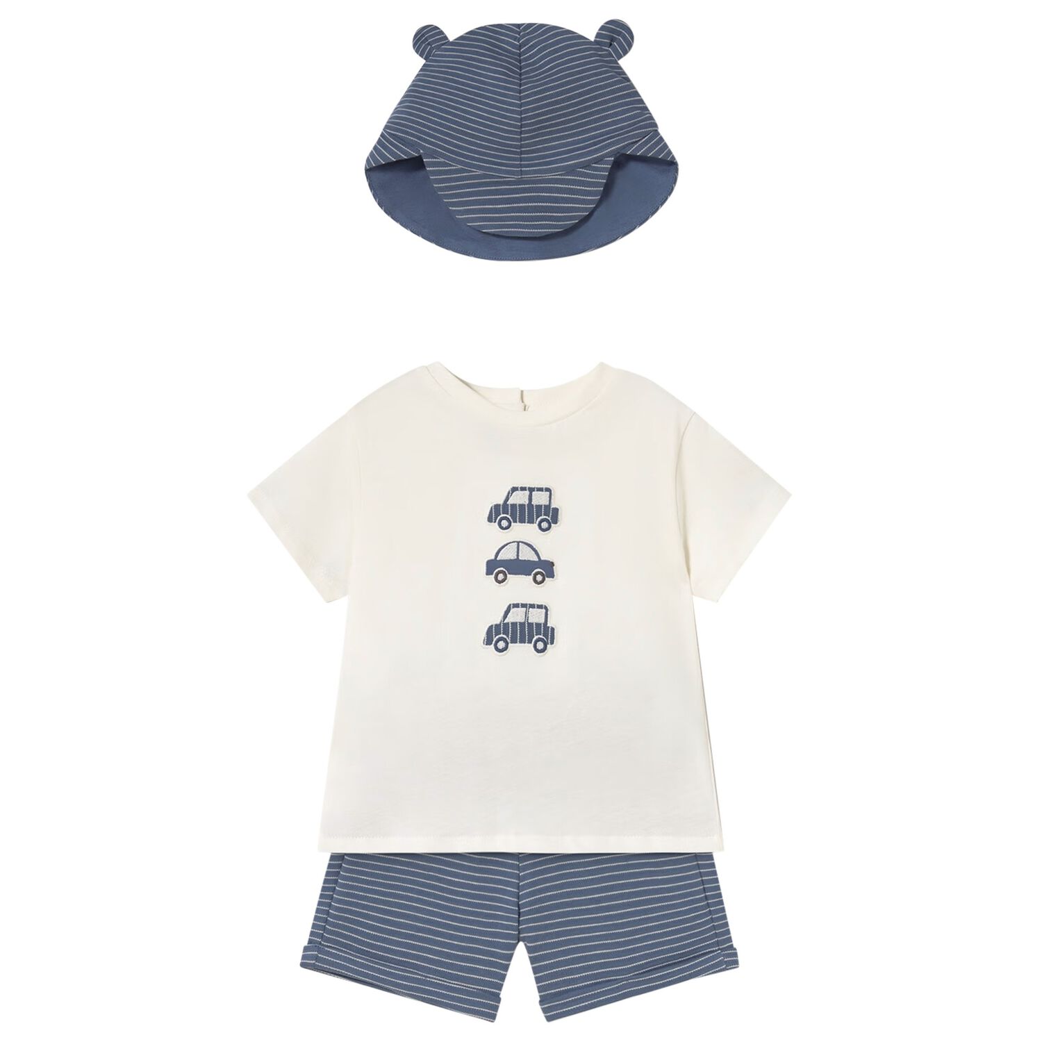 Younger Boys White & Blue Cotton Car Shorts Set, 2, hi-res