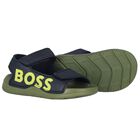 Boys Navy Blue & Green Logo Sandals, 2, hi-res