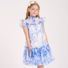 Girls White & Blue Floral Tulle Dress, 1, hi-res