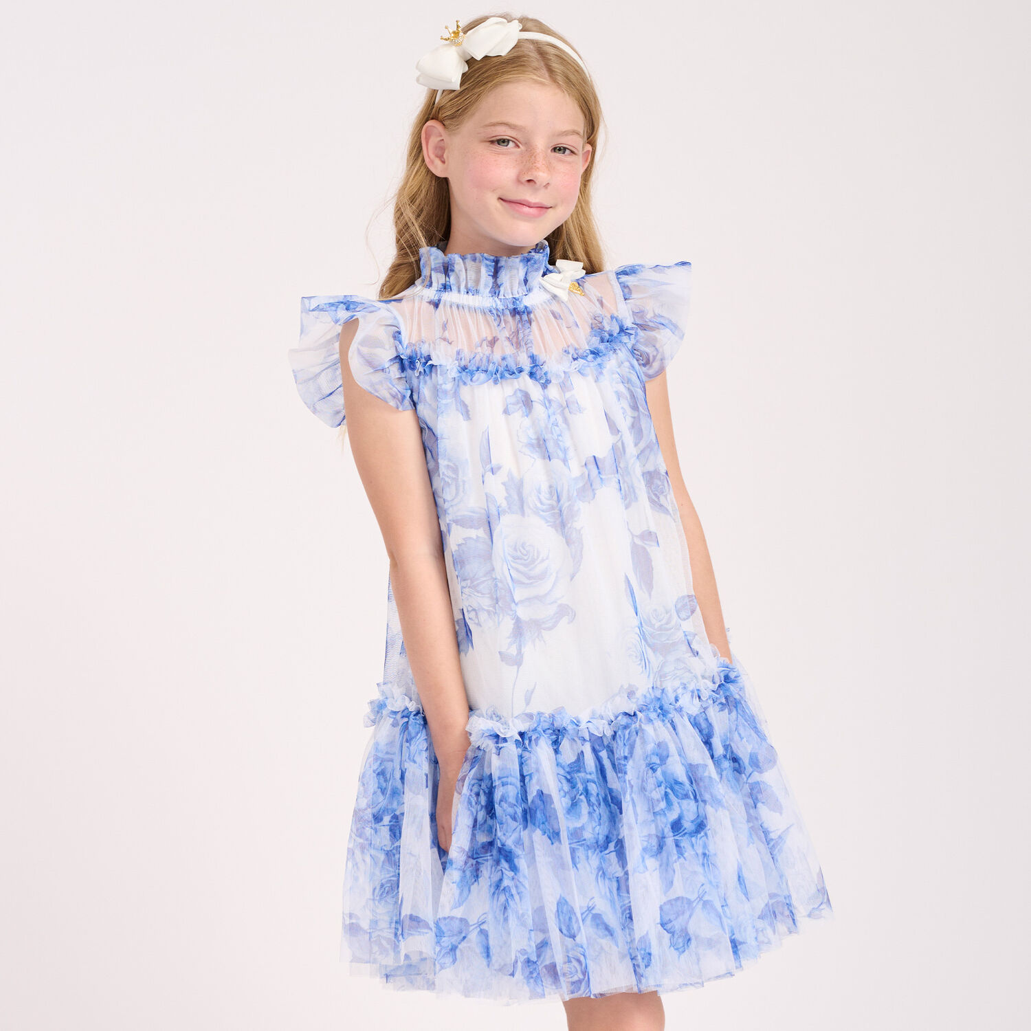 Girls White & Blue Floral Tulle Dress, 1, hi-res