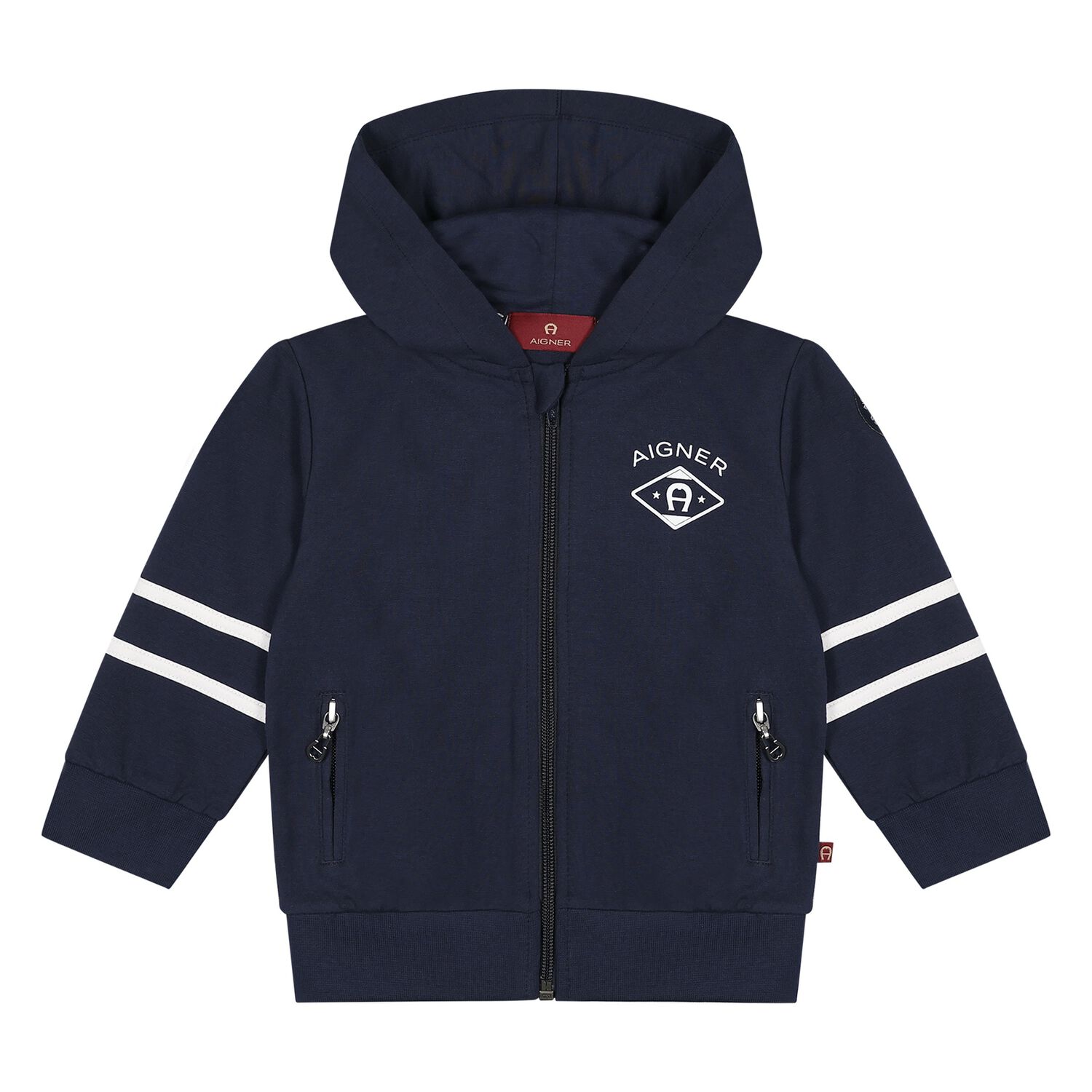 Younger Boys Navy Blue Logo Hooded Zip Up Top, 1, hi-res