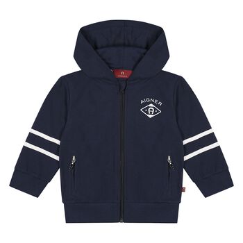 Younger Boys Navy Blue Logo Hooded Zip Up Top
