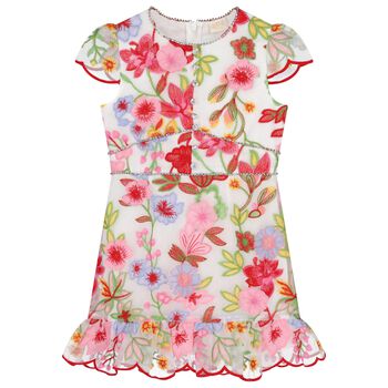 Girls Pink & Red Embroidered Floral Dress 