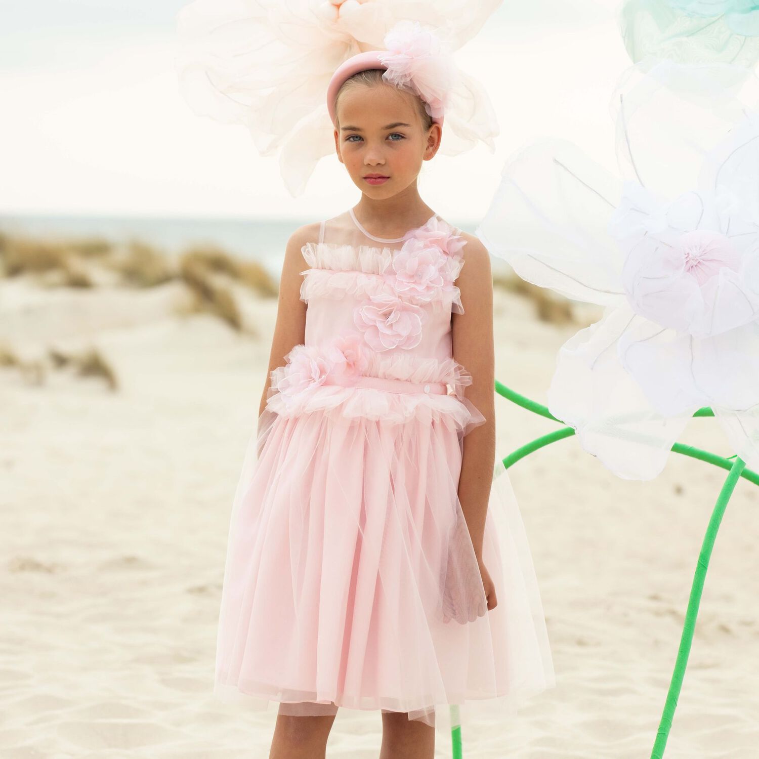 Girls Pink Tulle Special Occasion Dress, 1, hi-res