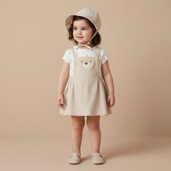 Baby Girls Beige & Ivory Teddy Bear Dungaree Dress Set