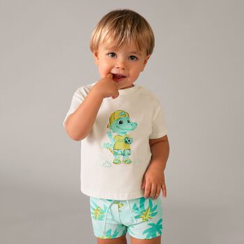 Younger Boys White & Green Crocodile Swim Shorts Set