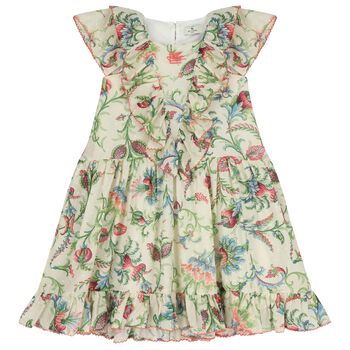 Girls Beige & Green Ruffled Floral Dress