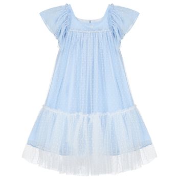 Girls Blue Dotted Tulle Dress
