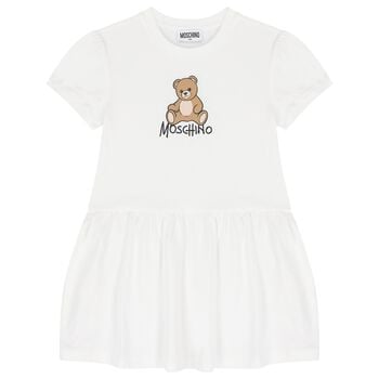 Girls White Teddy Bear Logo Dress