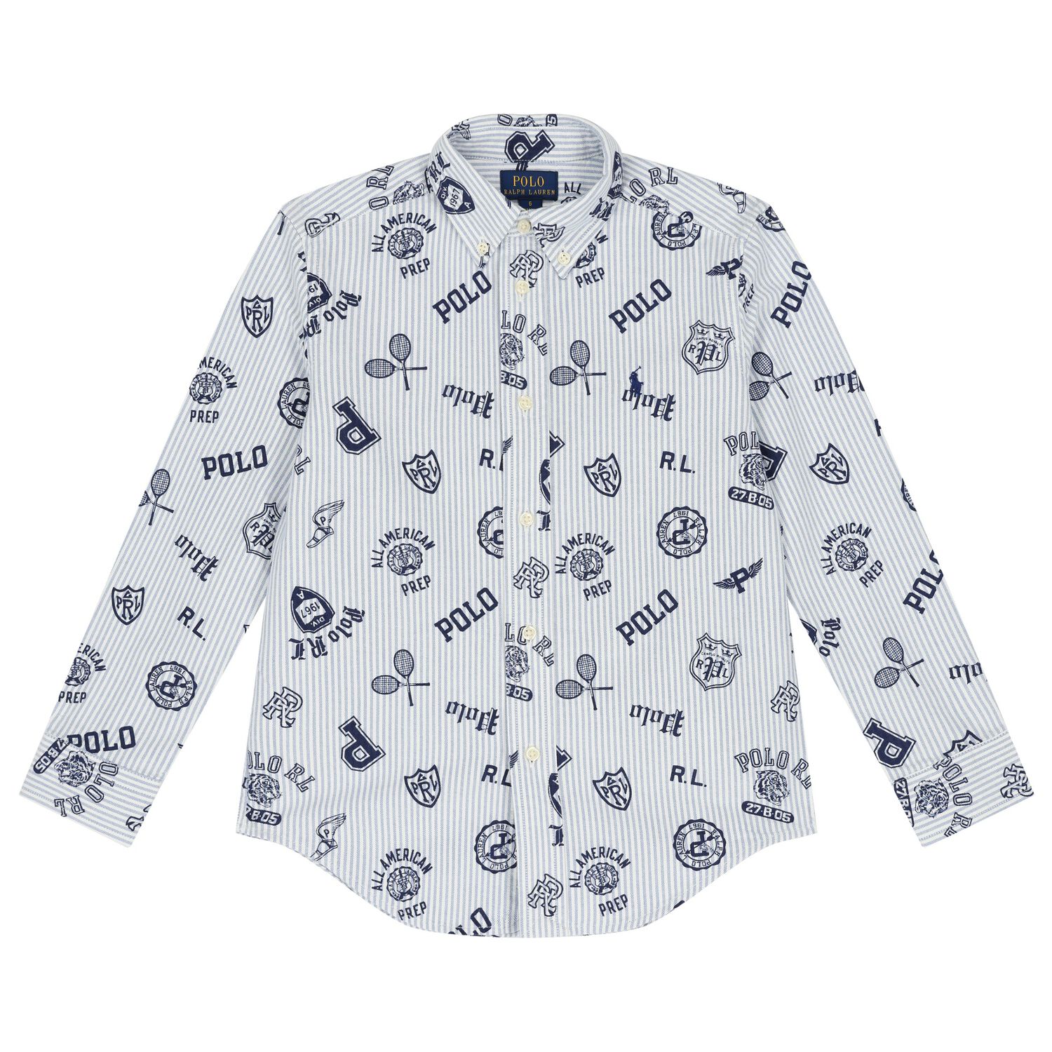 Boys Blue & White Striped Logo Shirt, 1, hi-res