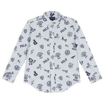 Boys Blue & White Striped Logo Shirt