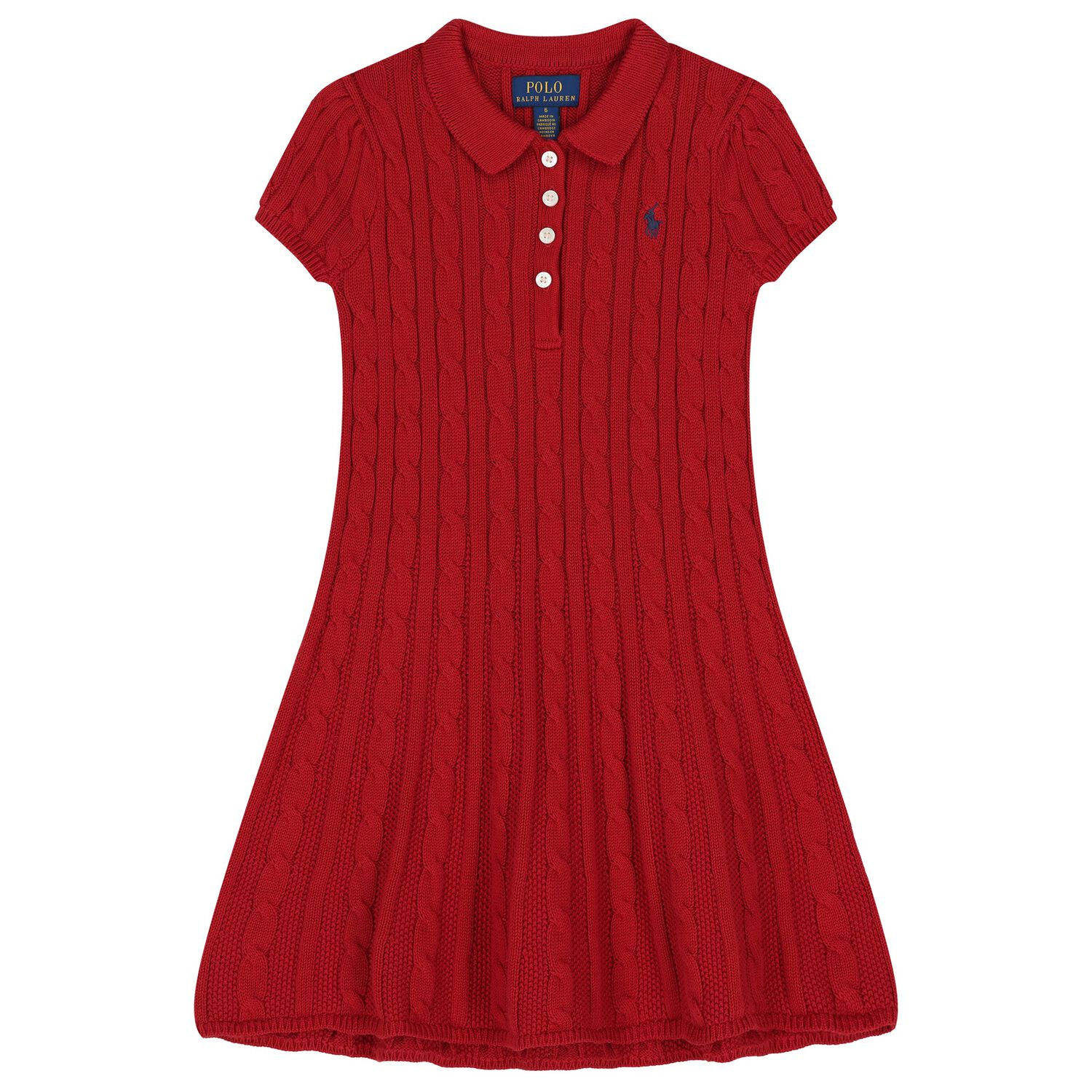 Girls Red Cable Knit Polo Dress, 1, hi-res