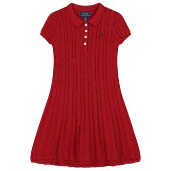 Girls Red Cable Knit Polo Dress