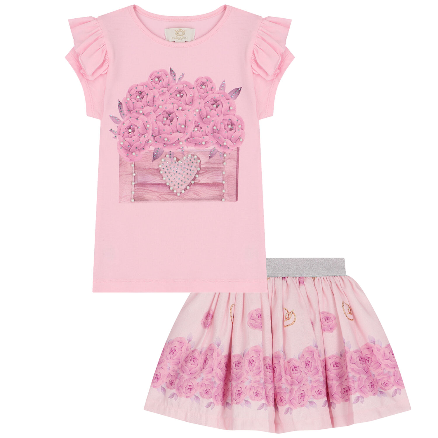 Girls Pink Embellished Flower Skirt Set, 1, hi-res