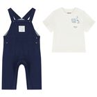 Baby Boys Ivory & Navy Blue Dungaree Set, 1, hi-res