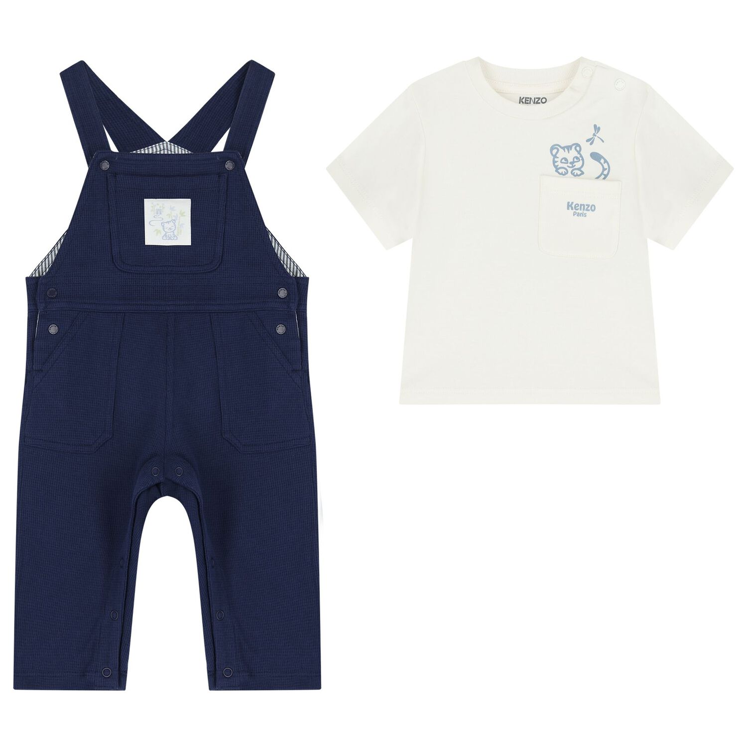 Baby Boys Ivory & Navy Blue Dungaree Set, 1, hi-res