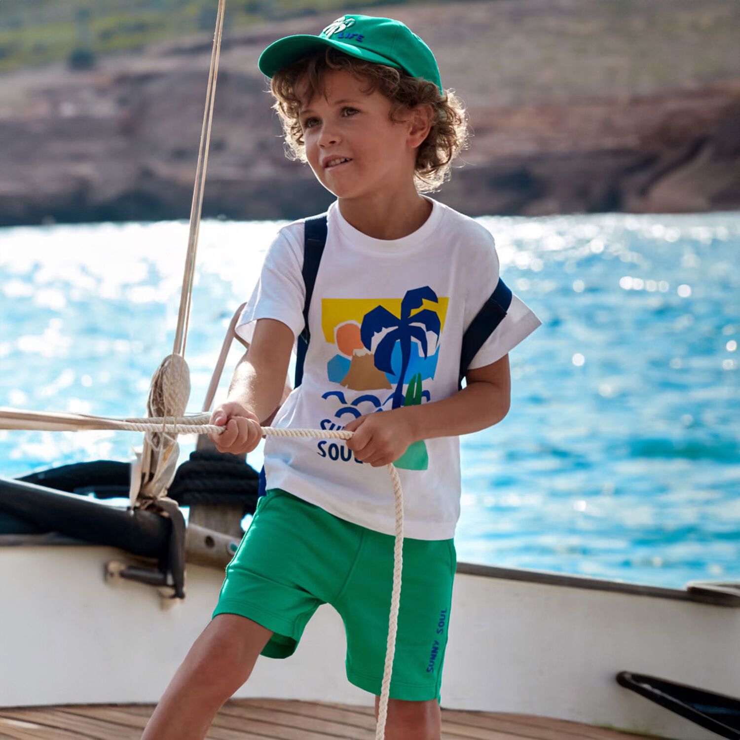 Boys White & Green Palm Tree Shorts Set, 1, hi-res