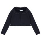 Girls Blue Faux Fur Collar Cardigan, 1, hi-res