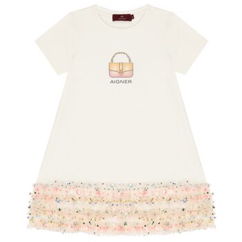 Girls Ivory Bag Sequin Dress