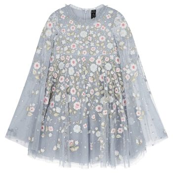 Girls Blue Floral Tulle Cape Dress