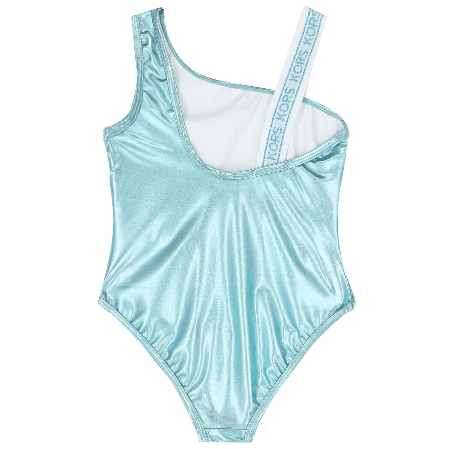 Girls Metallic Aqua Logo Swimsuit, 2, hi-res