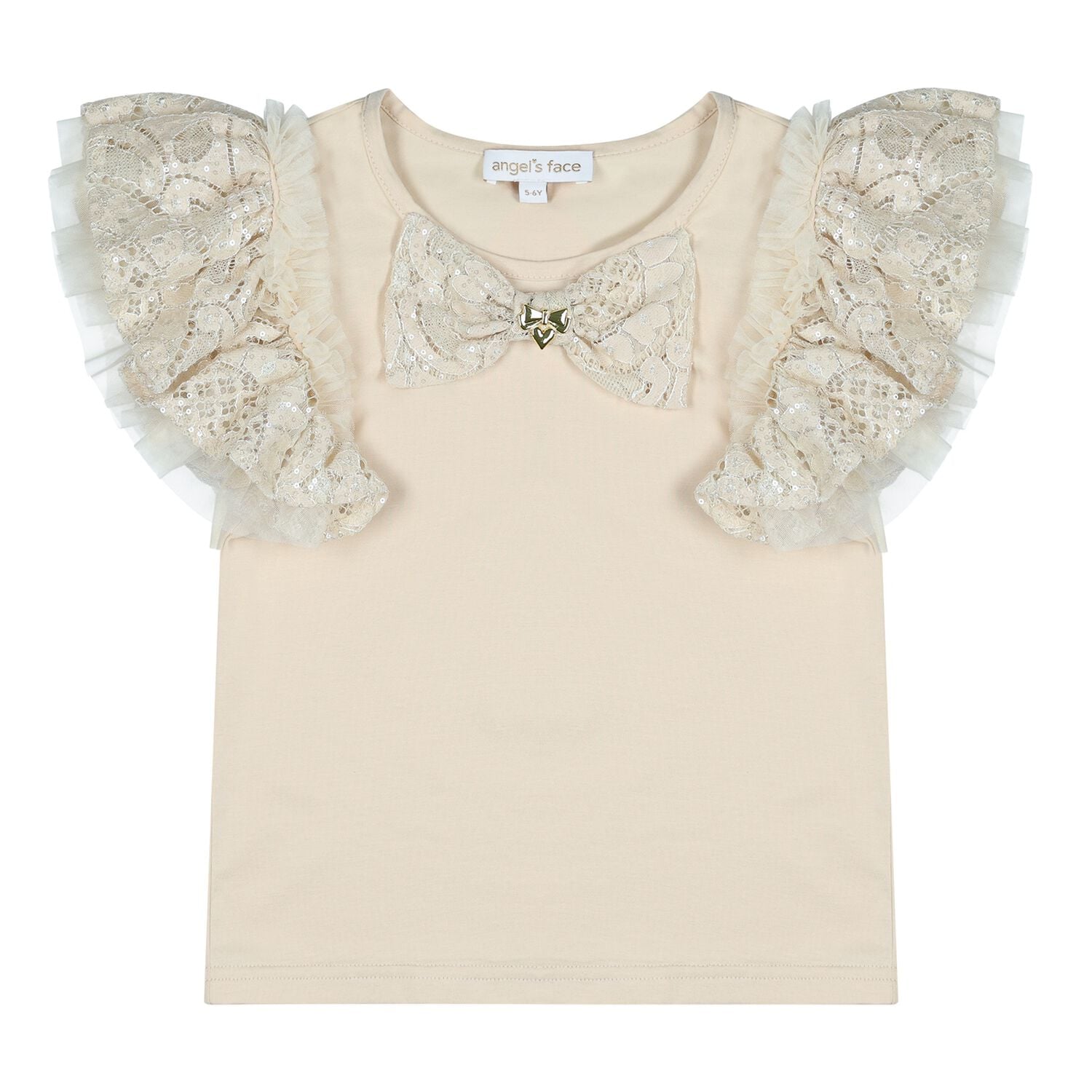 Girls Beige Sequin Lace Bow Coleen Top, 1, hi-res