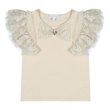 Girls Beige Sequin Lace Bow Coleen Top