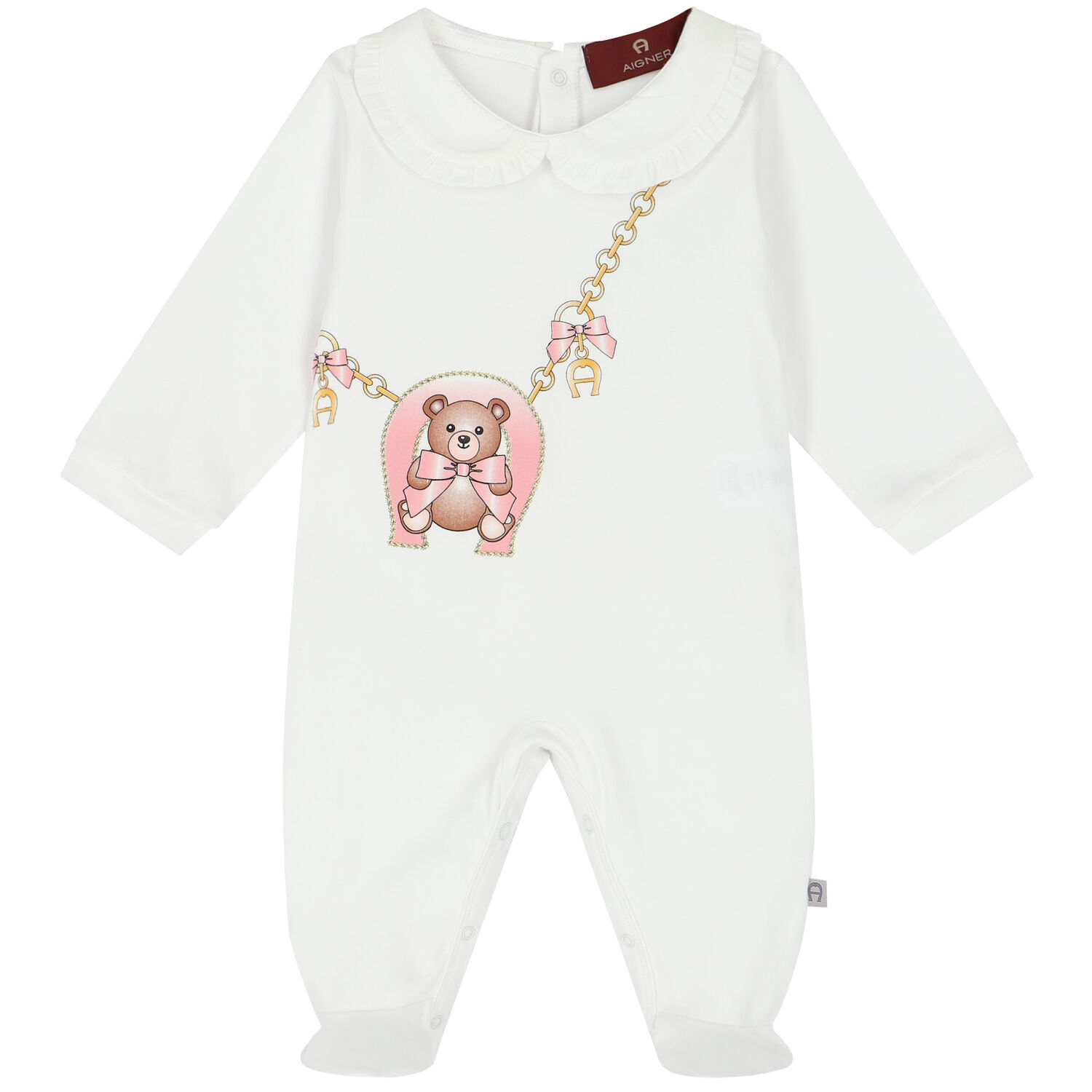 Baby Girls White Teddy Bear Logo Babygrow, 1, hi-res