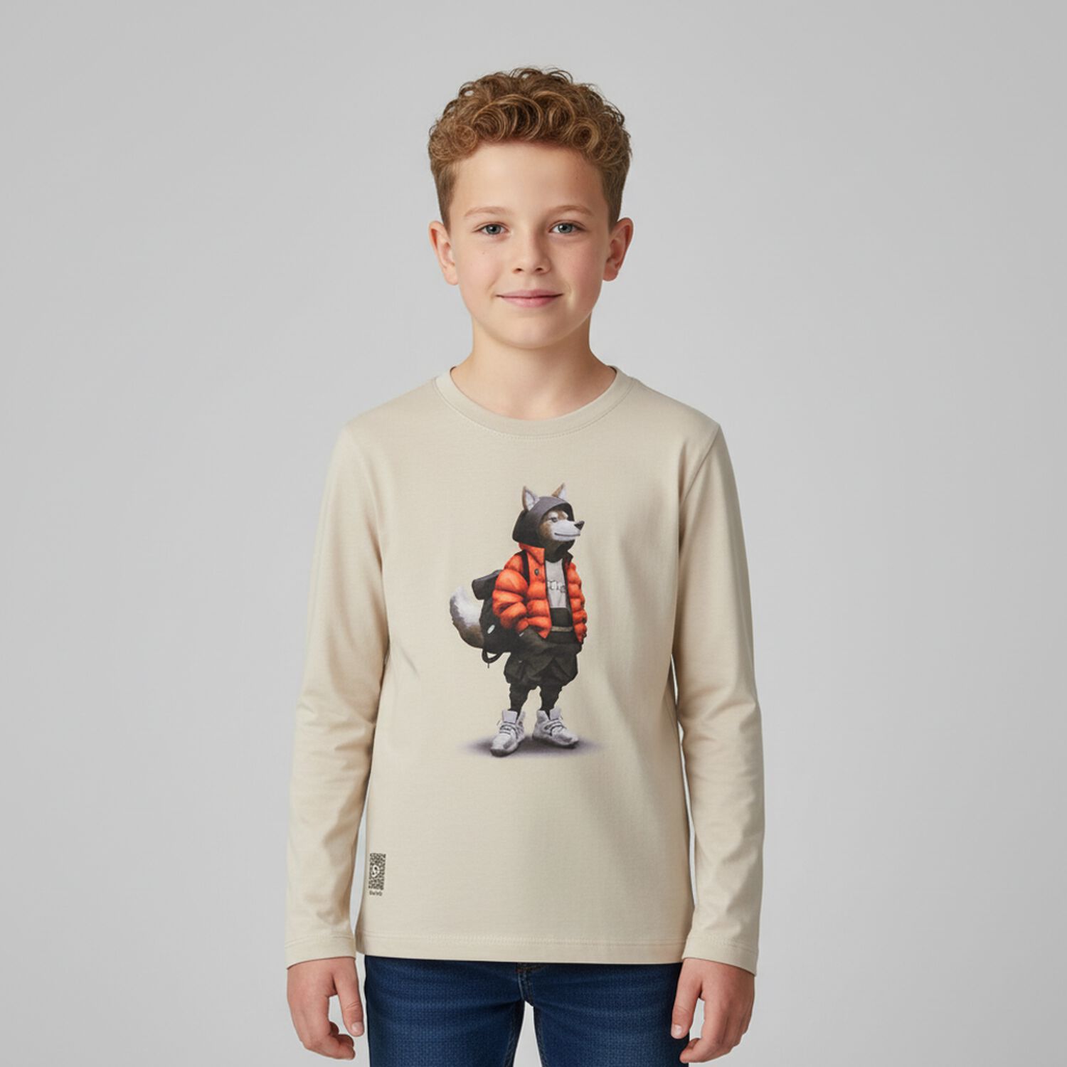 Boys Beige Wolf Long Sleeve Top, 1, hi-res
