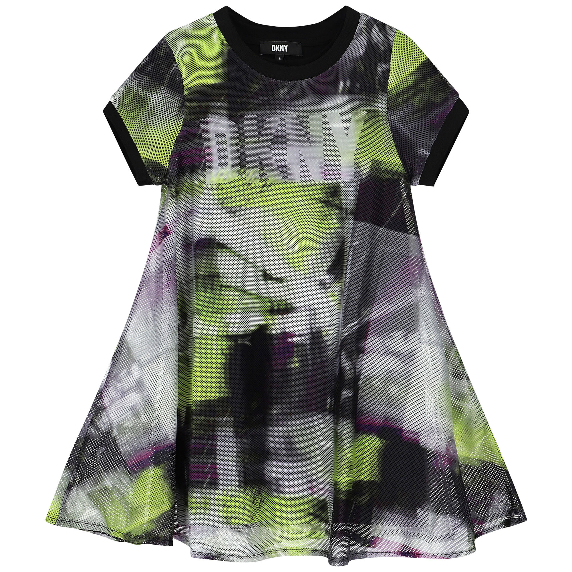 DKNY Girls Green Black Purple Mesh Logo 2 in 1 Dress Junior Couture UK