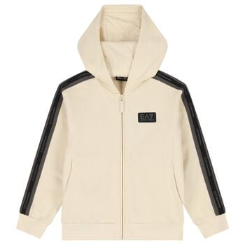 Boys Beige & Black Logo Hooded Zip Up Top 