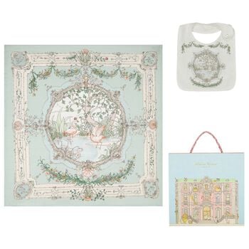 Ivory & Blue Tapestry Baby Swaddle & Bib Gift Set