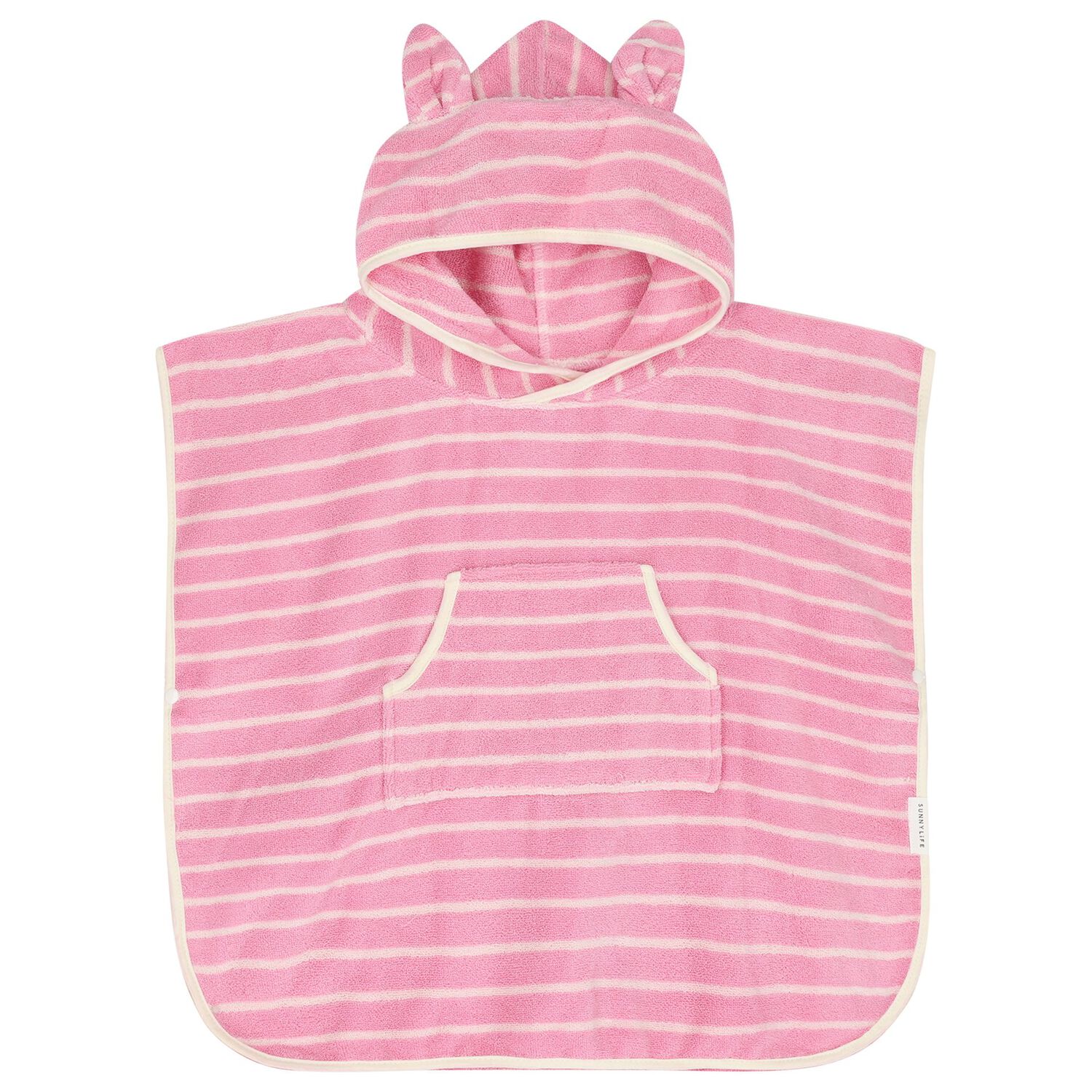 Girls Pink & Ivory Striped Hooded Poncho Towel, 1, hi-res