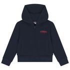 Girls Navy Blue Logo Hooded Zip Up Top, 1, hi-res