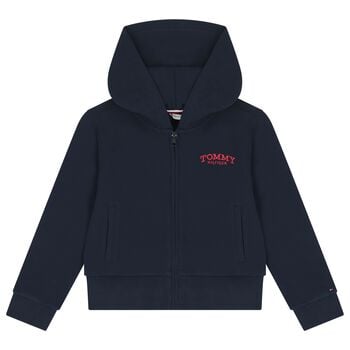 Girls Navy Blue Logo Hooded Zip Up Top