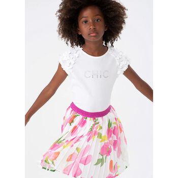 Girls Ivory & Pink Floral Pleated Skirt