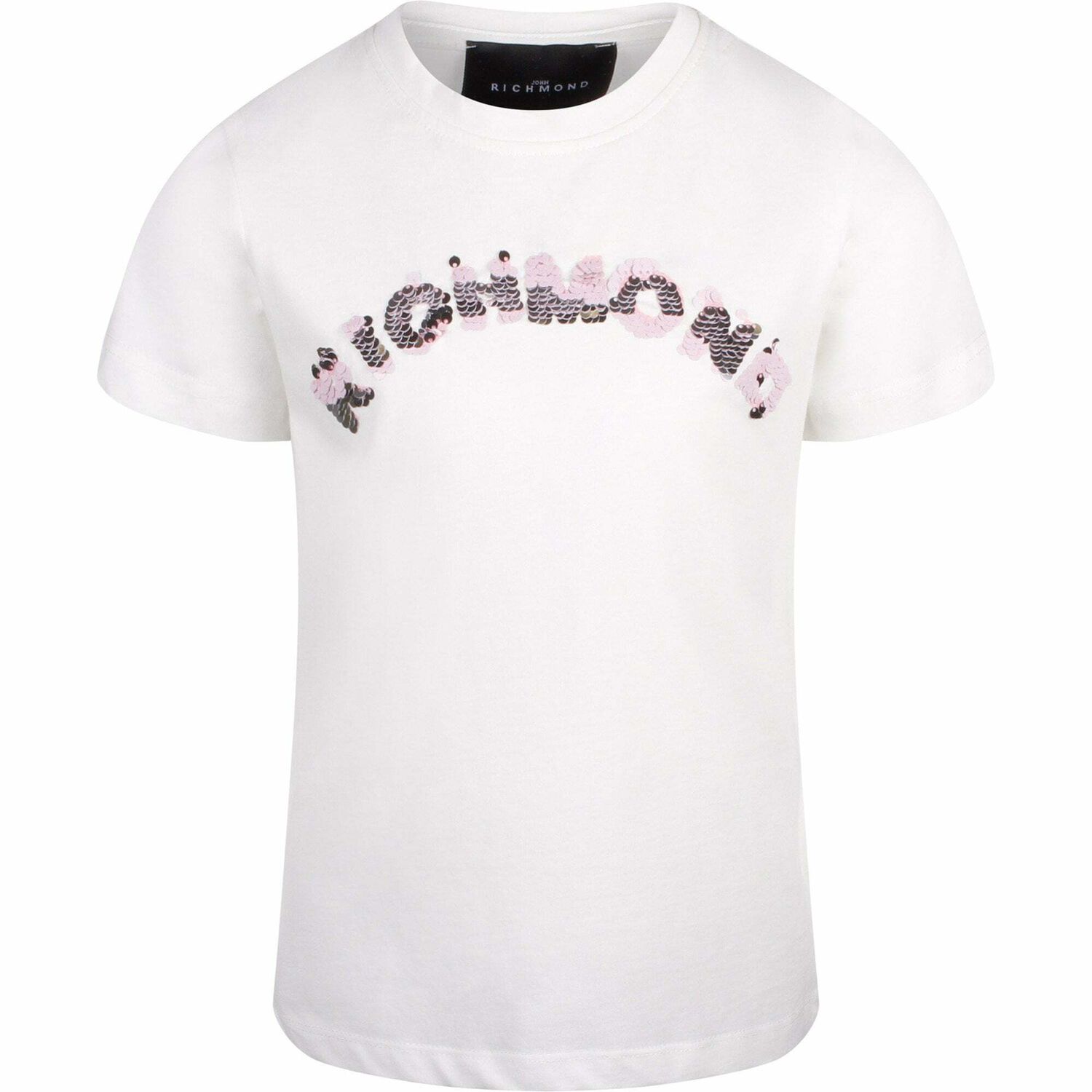 Girls Ivory Embellished Logo T-Shirt, 1, hi-res
