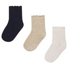 Younger Girls White, Beige & Black Socks (3 Pack), 2, hi-res