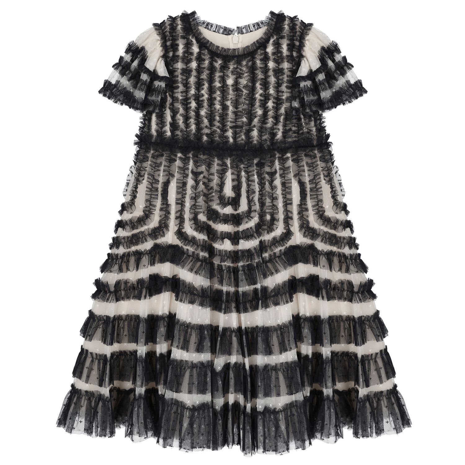 Girls Black & Beige Ruffled Tulle Dress, 1, hi-res