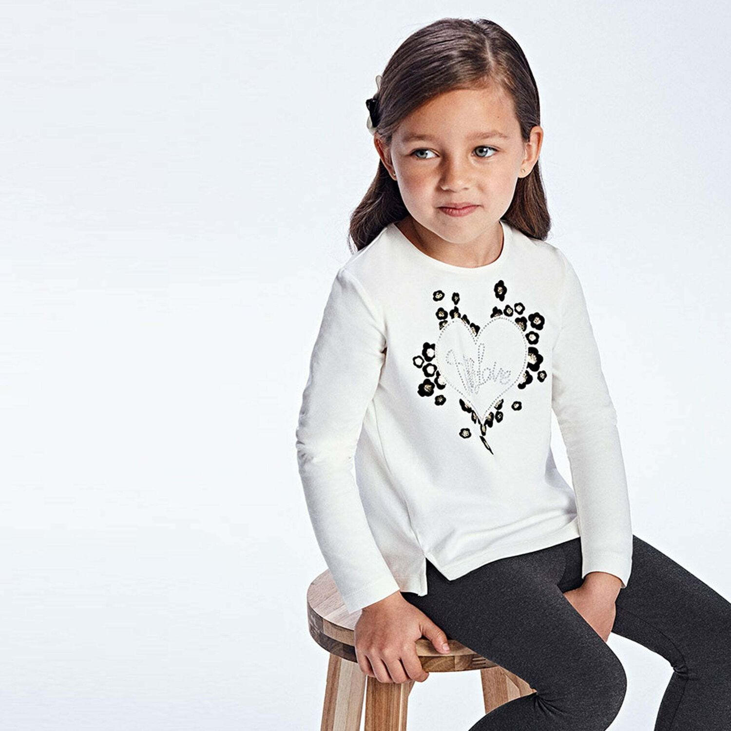Girls Ivory Heart Long Sleeve Top, 1, hi-res