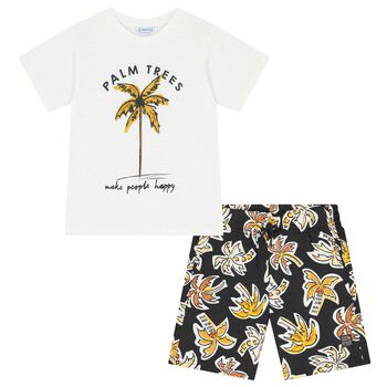 Boys White & Black Palm Tree Shorts Set