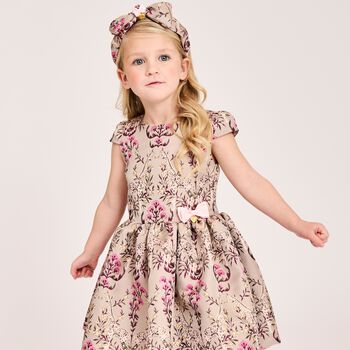 Girls Beige Jacquard Dress