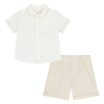 Younger Boys White & Beige Shorts Set