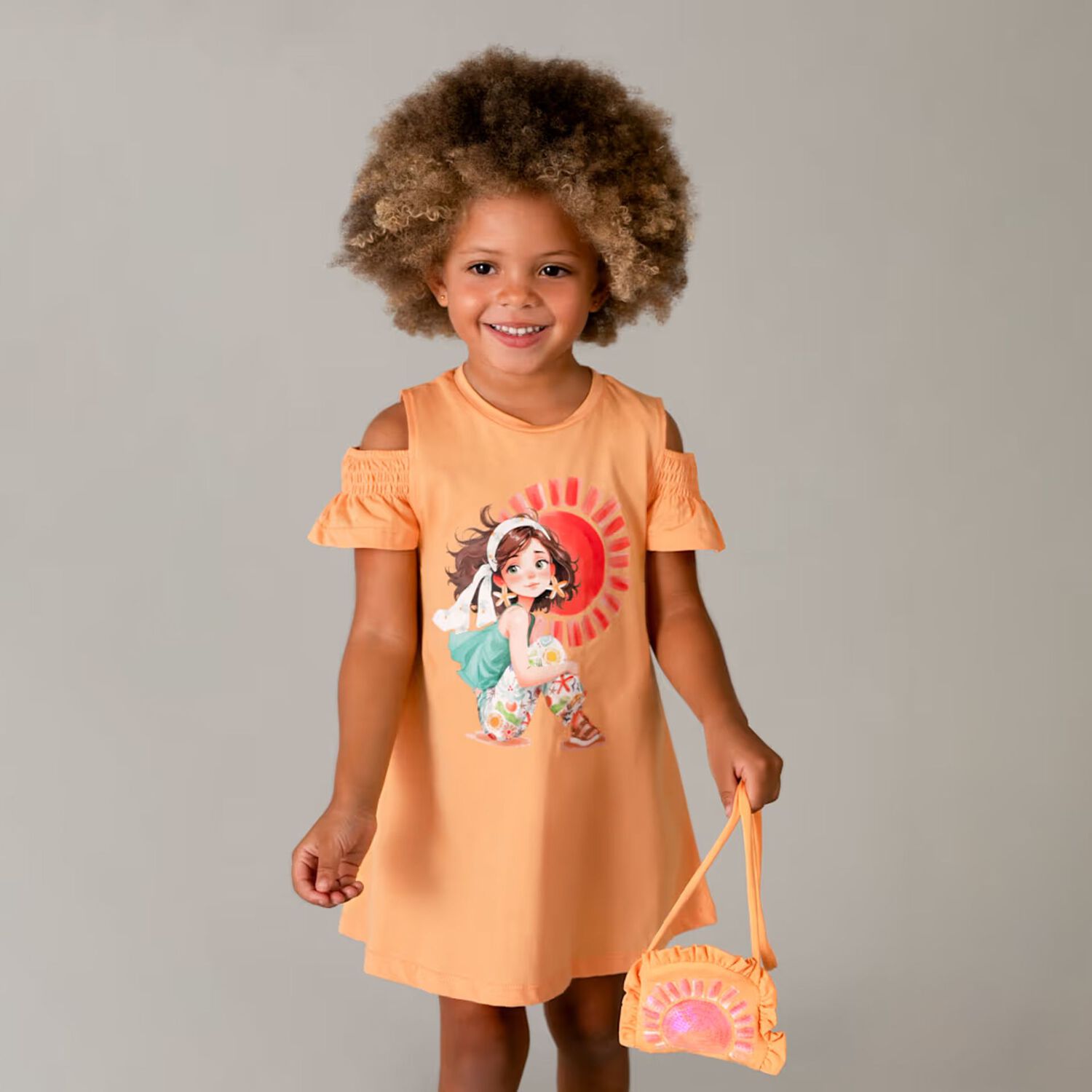 Girls Orange Ruffled Dress Set, 3, hi-res