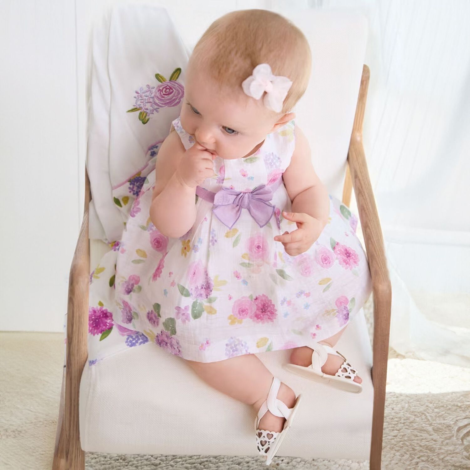 Baby Girls White Floral Dress, 1, hi-res