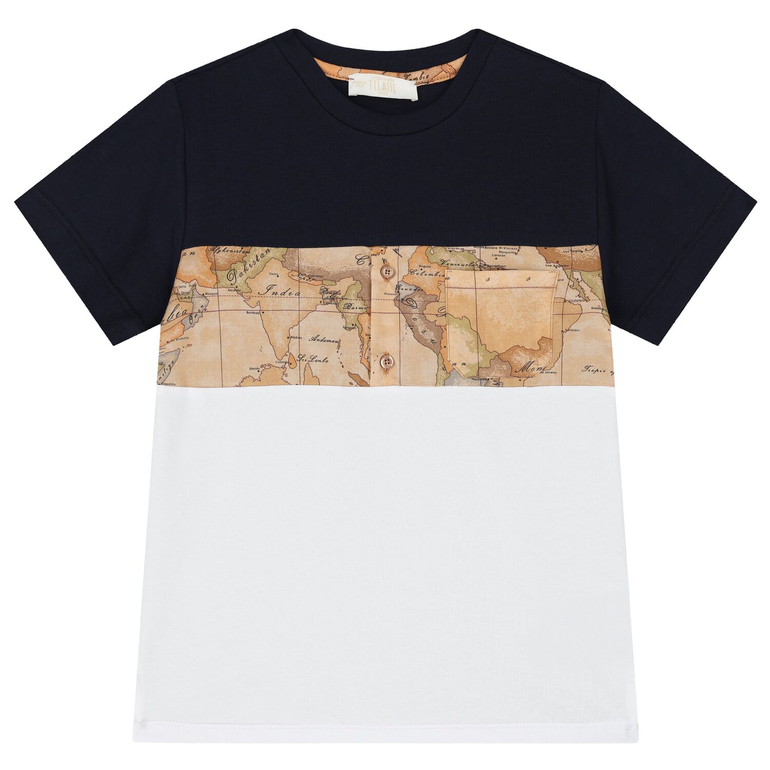 Boys Navy Blue, White & Beige Geo Map T-Shirt, 1, hi-res image number null