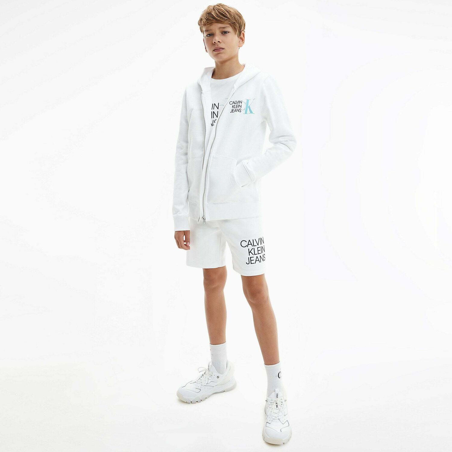 Boys White Logo Zip Up Hooded Top, 1, hi-res image number null